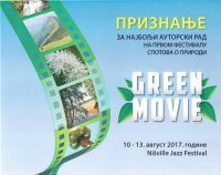 PRIZNANJE PZZP ZA NAJBOLJI AUTORSKI RAD NA 1.FESTIVALU SPOTOVA O PRIRODI “GREEN MOVIE”, NIŠVILLE, NIŠ